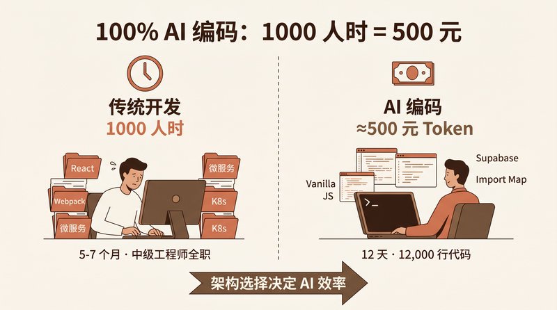 100% AI 编码：1000 人时 = 500 元 Token 费——传统开发 vs AI 编码对比